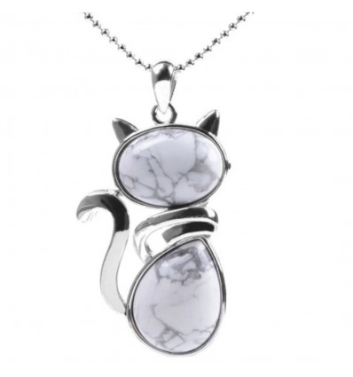 Silver Necklace with Cat Pendant in Natural White Howlite