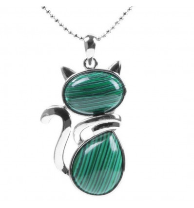 Silver necklace with cat pendant in Malachite