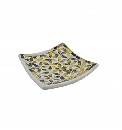 Square Mosaic Dish in Terracotta 25x25cm - Golden glass mosaic decoration and Black flower of Life motif