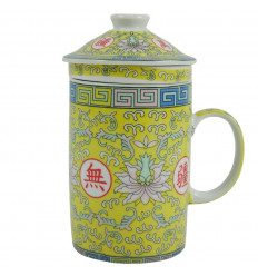 Tazza infusore di tè in porcellana. Motivo fiore di loto - Colori giallo e rosa