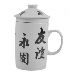 Mug infuseur à thé en Porcelaine. Caractères Chinois "Amitié"