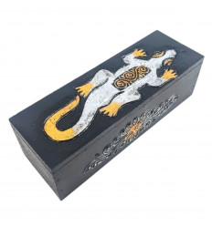 Boîte en bois motif Gecko peint à la main - Coloris Noir, Or et Argent