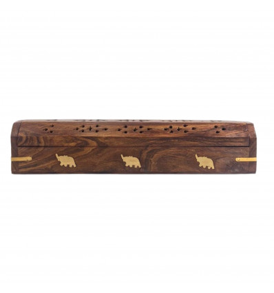 Porte-encens avec rangement / boîte en bois, motif éléphants.
