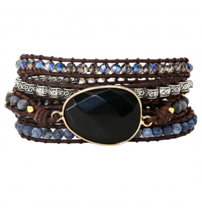 Bracelet Wrap en cuir et Onyx naturel - Ajustable