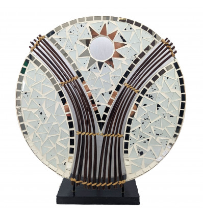 Round living room lamp with white fabric and mosaics 34cm