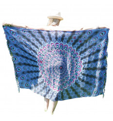 Pareo / sarong / parete appesa 160 x 105cm - Blu lavanda, rosa, motivo pavone turchese - paillettes d'argento
