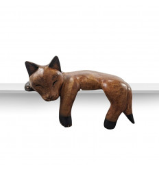 Sleeping Cat in Wood 15cm Lying on a shelf edge