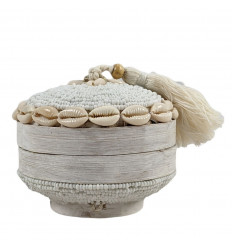 Petite Boîte à offrandes ronde ø10cm - Bambou, Coquillages et Perles blanches