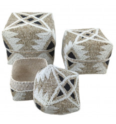 Set of 3 Bali Offering Boxes in Bamboo & Pearls. Beige, White and Black colors