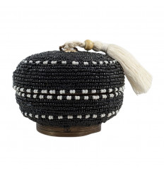 Petite Boîte à Bijoux ronde ø10cm - Bambou, Pompon et Perles noires & Blanches