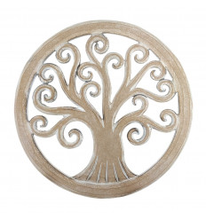 Wall decoration ø40cm Tree of life - White cerused carved wood