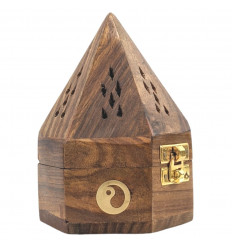 Wood Incense Burner Yin Yang Pattern - Pyramid Shaped Incense Holder