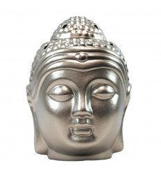 Brûle-parfum tête de Bouddha Zen en céramique artisanale argentée