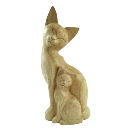 Cat and Kitten Statue in Hand Carved Stained Wood 32cm