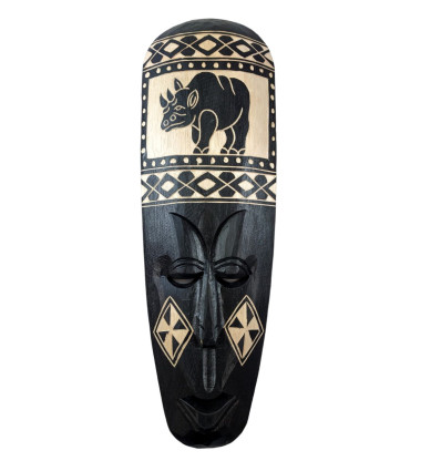 Motivo di rinoceronte maschera africana in legno nero. Acquista la decorazione del rinoceronte.