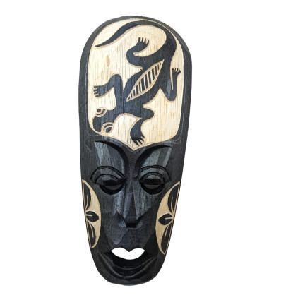 Masque africain gravé salamandre en bois noir. Déco africaine en ligne.