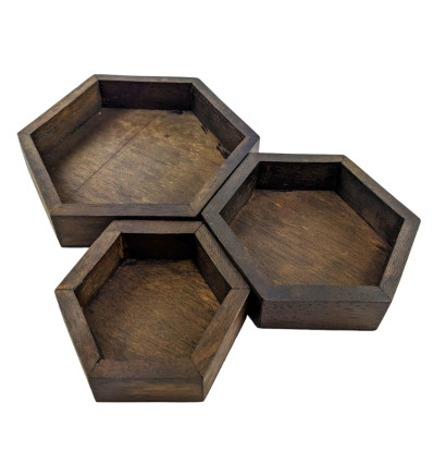 Set de 3 plateaux de présentation pour bijoux - Présentoirs hexagonaux gigognes en bois marron