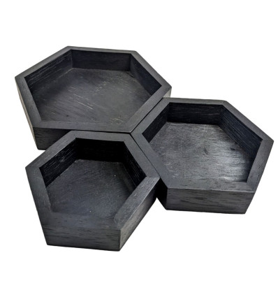 Set de 3 plateaux de présentation pour bijoux - Présentoirs hexagonaux gigognes en bois noir