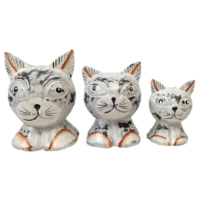 Set de 3 chats blancs en bois sculpté main