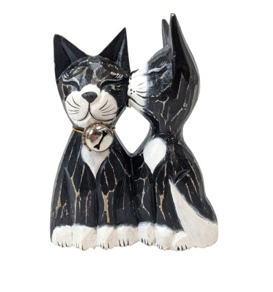 Statuette couple de chats bisou en bois avec clochette