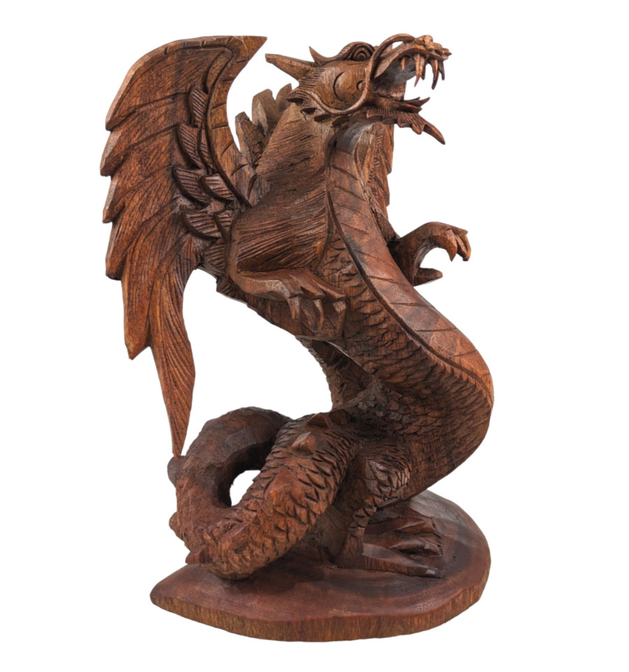 Hand Carved Wood Dragon Sculpture, 'Winged Dragon