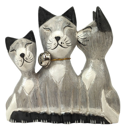 Famiglia di gatti grigi - Statuette di legno intagliate e dipinte a mano