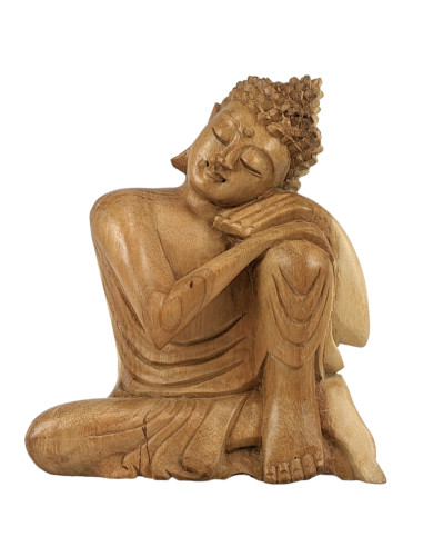 Statue de Bouddha penseur 20cm en bois brut sculpté main