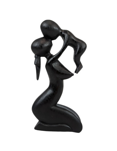 Statuette abstraite Maman et Bébé h20cm en bois massif sculpté main teinté noir