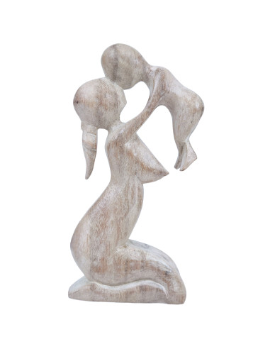 Statue abstraite Maman et Bébé 20cm en bois Blanc Cérusé