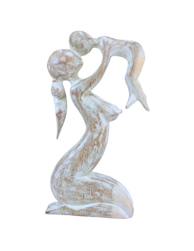 Abstract Statua del Bambino e della Madre h30cm in legno massello Patina bianca