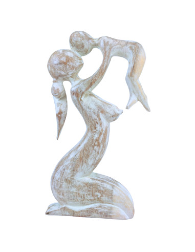 Statua astratta di madre e bambino 30 cm in legno bianco ceruleo