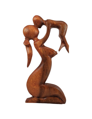Statue abstraite Maman et Bébé 50cm en bois Teinté