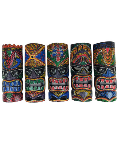 Set di 5 maschere Tikis in legno multicolore intagliate e dipinte a mano 30 cm