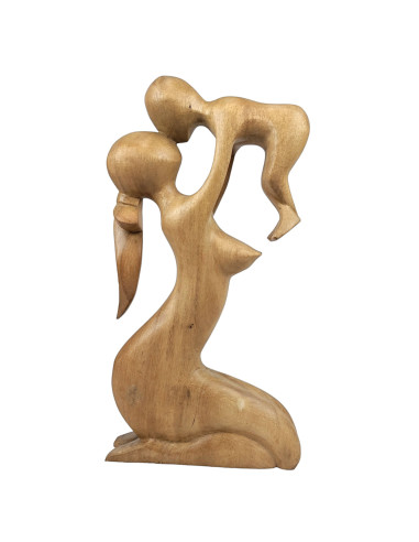 Abstract Statue Mother and Baby h30cm solid wood natural finish