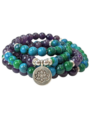 Mala bracelet 108 beads in Chrysocolla and Amethyst on a white background
