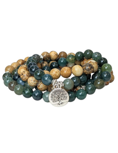 108 Jasper & Agate Beads Mala Bracelet 8mm - Tree of Life Symbol