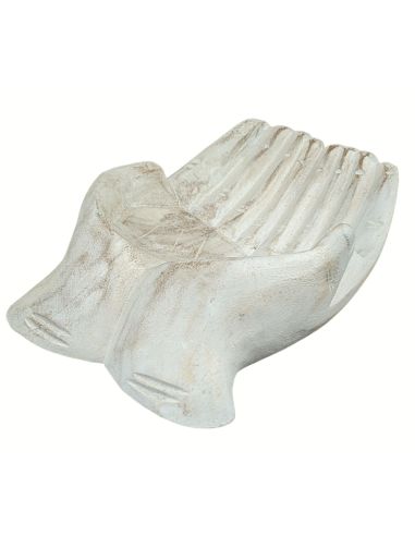 Wooden Hands Sculpture. Trinket tray / business card display. White patina finish.