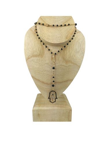 Rosary Hand of Fatma Necklace in gold metal and fine black pearls