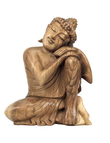 Statua di Buddha seduto 30cm - Legno massello grezzo intagliato a mano.