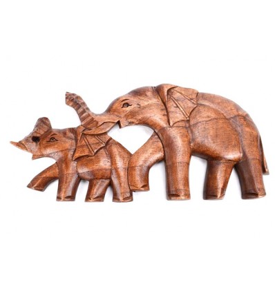 Décoration murale "Maman et bébé éléphants" 32cm en bois exotique sculpté